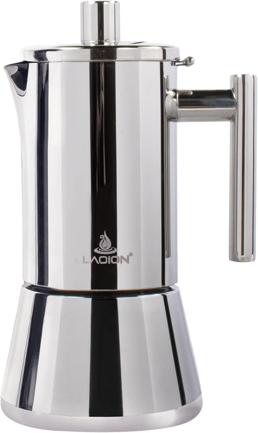 Stovetop Espresso Maker, 6Cup 10 oz Moka Pot, Stainless Steel Cuban and Italian Coffee Maker for Cafetera Cubana, Greca De Cafe Induction Stovetop Compatible, Coffee Gift for Home Travel