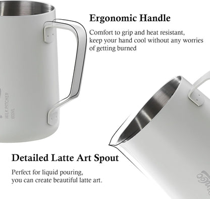 Milk Frothing Pitcher - 350ml Milk Frother Cup for Latte Art, SUS 304 Stainless Steel, Barista-Grade Coffee Milk Jug with Measurement Markings & Precision Spout