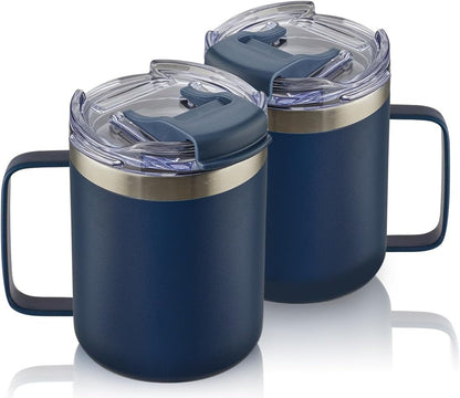ALOUFEA 12oz Stainless Steel Insulated Coffee Mug with Handle, Double Wall Vacuum Tumbler Cup with Fliping Lid, Navy, 2 Pack