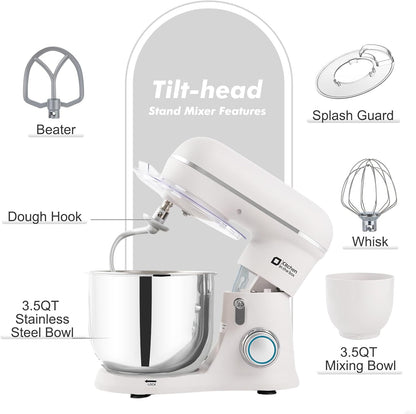 Kitchen in the Box Stand Mixer, 3.5QT Two Bowls Small Kitchen Electric Mixer, 10-Speed Portable Lightweight with Matte Finish, Egg Whisk, Dough Hook, Beater (Frost White, 3.5QT)