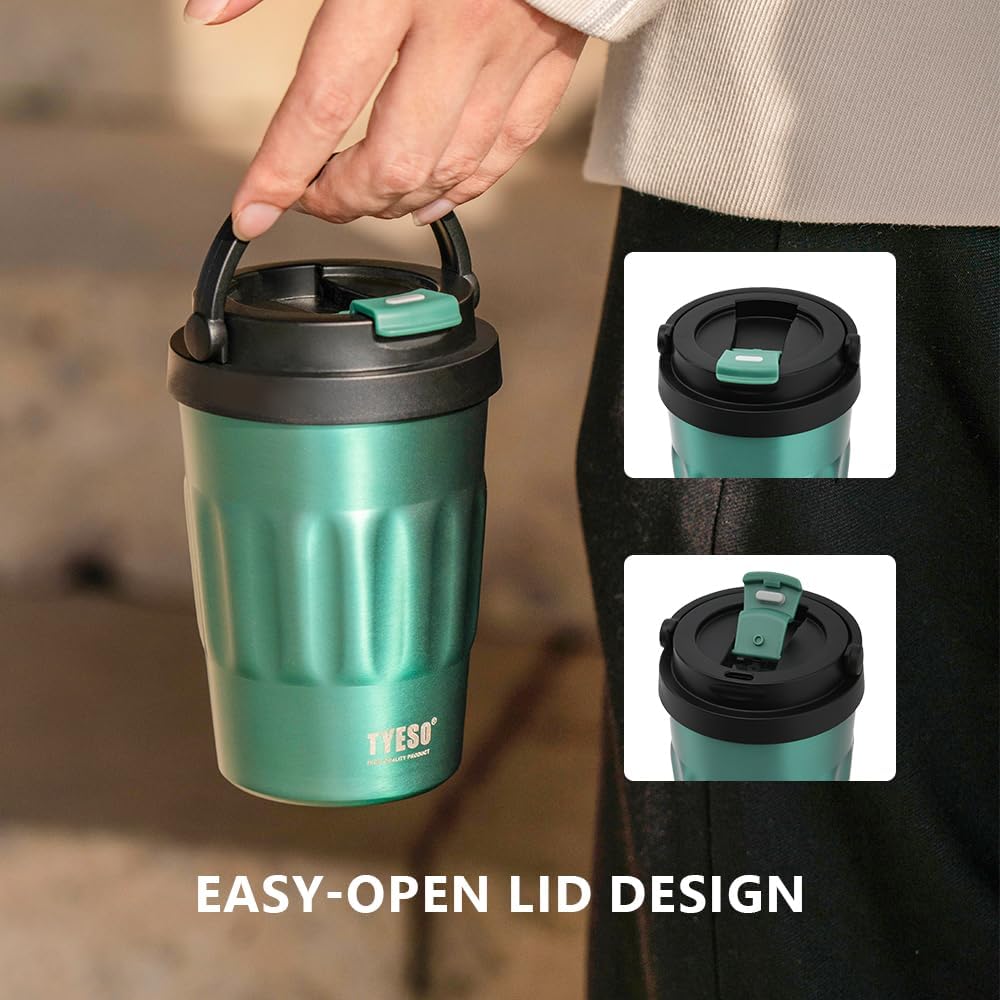 TYESO Stainless Steel Portable Tumbler with Flip Lid,Travel Mug with Concealed Carry Handle, Leakproof Insulated Coffee Cup (GREEN, 13 OZ)