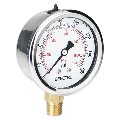 SENCTRL 160 Psi Lead-Free Glycerin Liquid Filled Low Pressure Gauge, 2.5" Dial Size, 1/4" NPT Lower Mount, Stainless Steel Case, for Home Potable Water Pump, Air, Well, RV Hose, Pressure Test