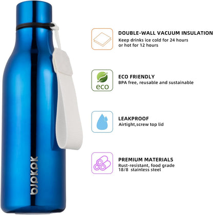 BJPKPK Insulated Water Bottles, 18 oz Stainless Steel Metal Water Bottle with Strap, BPA Free Leak Proof Thermos, Mugs, Flasks, Reusable Water Bottle for Sports & Travel, Shining Blue