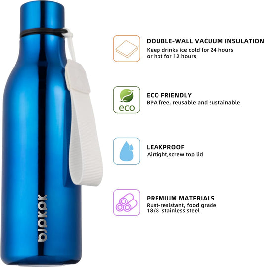 BJPKPK Insulated Water Bottles, 18 oz Stainless Steel Metal Water Bottle with Strap, BPA Free Leak Proof Thermos, Mugs, Flasks, Reusable Water Bottle for Sports & Travel, Shining Blue