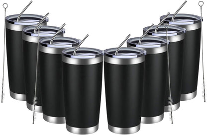 MEWAY 20oz Tumbler 8 Pack Double Wall Vacuum Insulated Travel Mug Bulk, Stainless Steel Tumblers with Lid and Straw, Durable Powder Coated Coffee Cups for Cold & Hot Drinks (Black, 8)