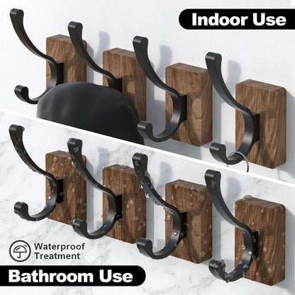 4 PCS Black Walnut Wood Wall Hooks Adhesive Mounted & Wall Mounted Rustic Decorative Entryway Hooks Mid Century Modern Natural Wooden Pegs for Hanging Coat Clothes Hat Bag Purse and Towel