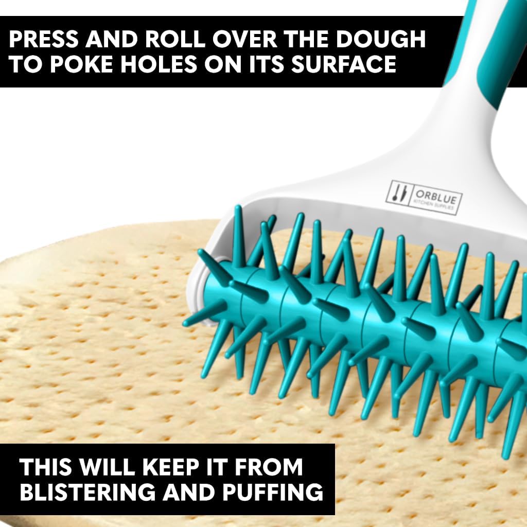 Orblue Pizza Dough Docker, Pastry Roller with Spikes, Pizza Docking Tool for Home & Commercial Kitchen - Pizza Making Accessories that Prevent Dough from Blistering, Aqua