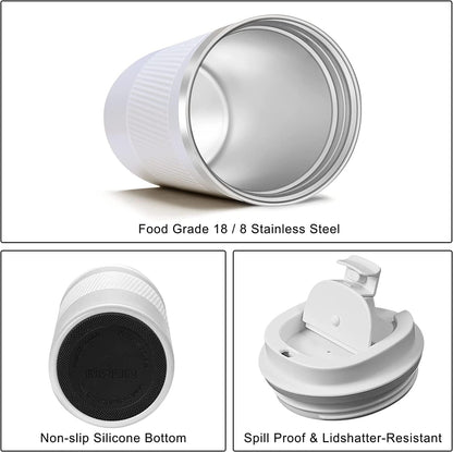 Travel Coffee Mug Spill Proof Leakproof 12 oz Insulated Coffee Mug with Screw Lid, Stainless Steel Vacuum Tumbler Reusable Thermal Coffee Cup to go for Hot and Cold Drinks -380ml, White