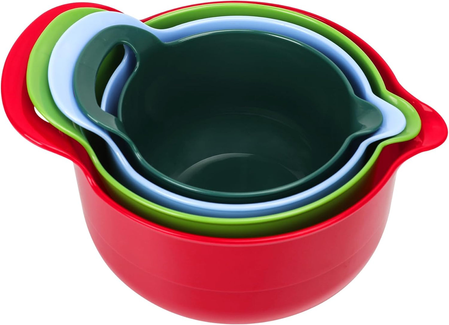 BoxedHome 4 Pack Nesting Mixing Bowl Christmas Set with Pour Spout and Handle, BPA free Microwave & Dishwasher Safe(Christmas colours, 4 Pack with Handle, Random colour silicone scraper included)