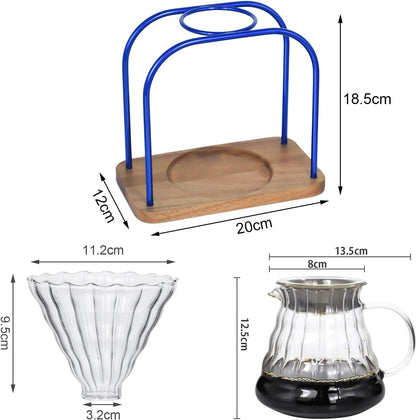 SOTECH Pour on coffee drips, filter Wooden stand Glass sharing pot with paper filter, coffee, tea and saffron set (blove)