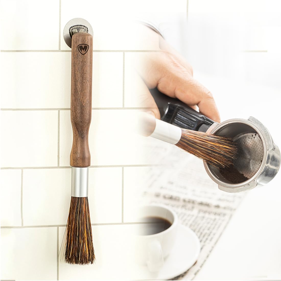 Magnet Professional Coffee Grinder Cleaning Brush Coffee Brush Handling Accessory Tool Walnut Brush Handle Natural Bristle with Magnetic snap for Camping Home Kitchen Barista
