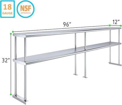 NSF Certified 18 Gauge Heavy Duty Stainless Steel Double overshelf with Brackets for Kitchens, Utility Rooms, Storage, Offices & Home (96" x 12")