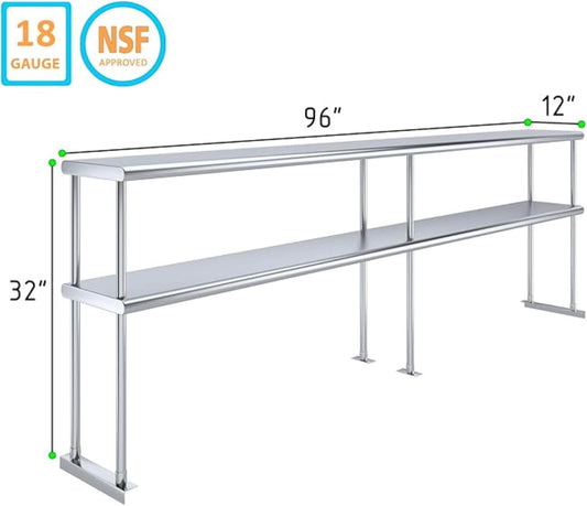 NSF Certified 18 Gauge Heavy Duty Stainless Steel Double overshelf with Brackets for Kitchens, Utility Rooms, Storage, Offices & Home (96" x 12")