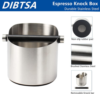 Coffee Knock Box, Espresso Knock Box Stainless Steel Espresso Machine Accessories with Removable Knock Bar and Non-Slip Base Coffee Grounds Container Bin, Large (Silver)