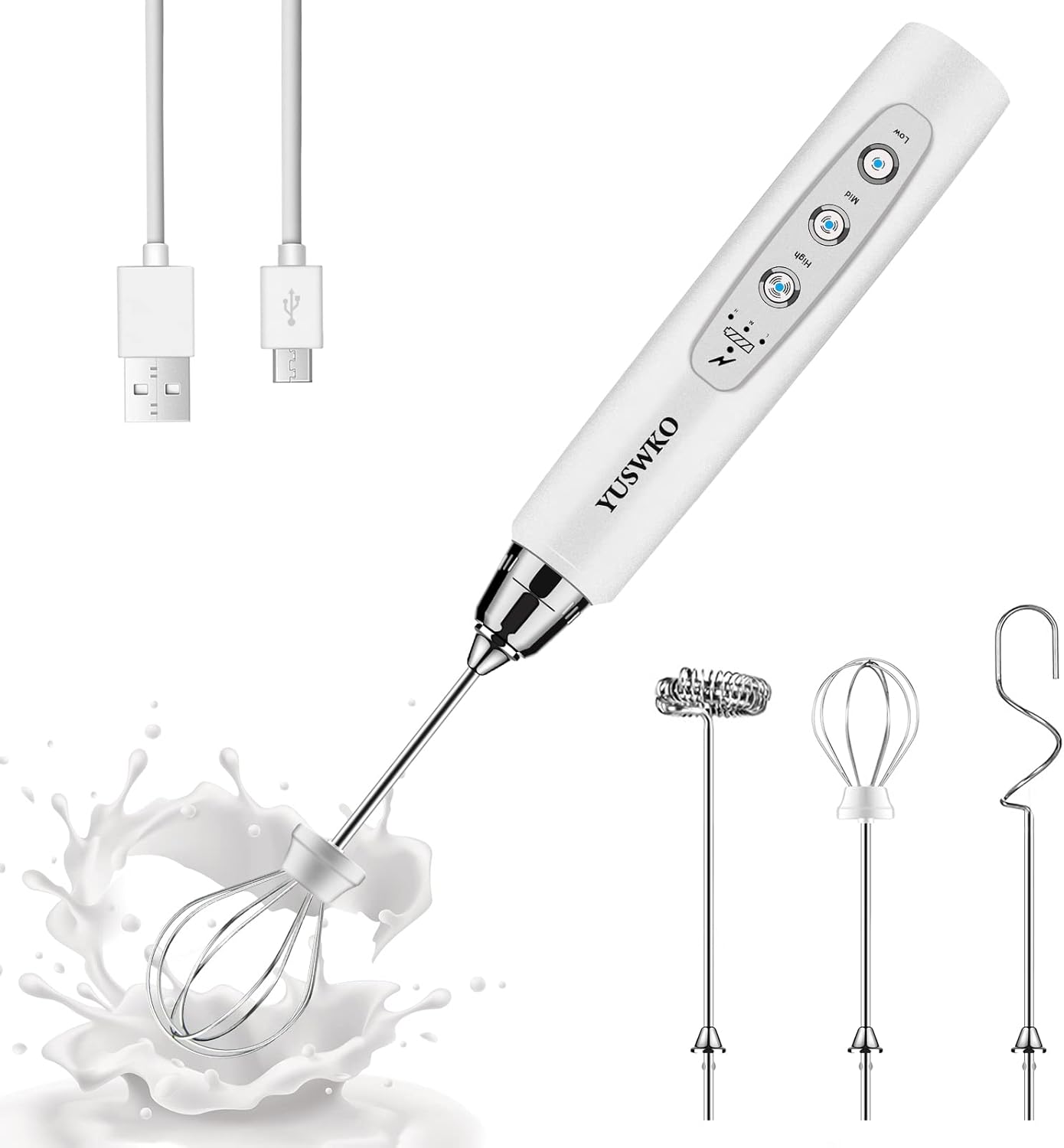 YUSWKO White Handheld Milk Frother Wand for Coffee, Rechargeable Electric Whisk with 3 Heads 3 Speeds Drink Mixer Coffee Frother For Latte, Cappuccino, Hot Chocolate, Egg