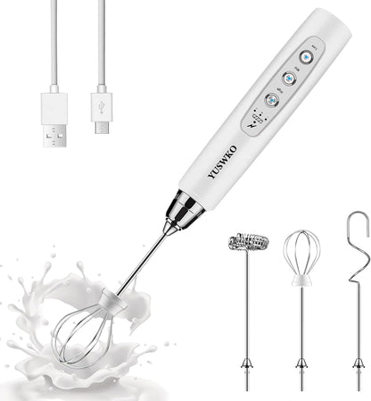YUSWKO White Handheld Milk Frother Wand for Coffee, Rechargeable Electric Whisk with 3 Heads 3 Speeds Drink Mixer Coffee Frother For Latte, Cappuccino, Hot Chocolate, Egg