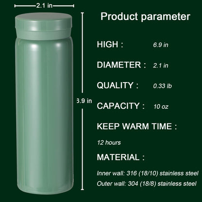 10oz Mini Water Bottle Stainless Steel Thermos Small Flask - Insulated Vacuum, Leak Proof, Keeps Drinks Hot/Cold - Ideal for Coffee, Tea, Water - Green