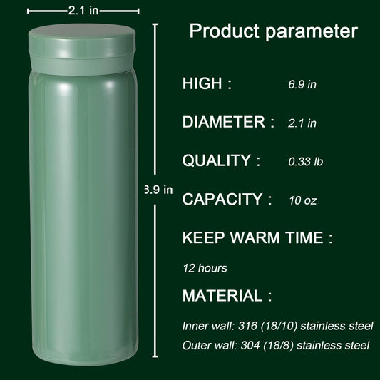 10oz Mini Water Bottle Stainless Steel Thermos Small Flask - Insulated Vacuum, Leak Proof, Keeps Drinks Hot/Cold - Ideal for Coffee, Tea, Water - Green