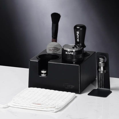 IKAPE 53MM Black Espresso Tool Set 8 IN 1, Coffee Tamper, Distributor, Magnetic Funnel, Puck Screen, Tamper Station, Stirrer Distribution Tool, Cleaning Towel and Brush