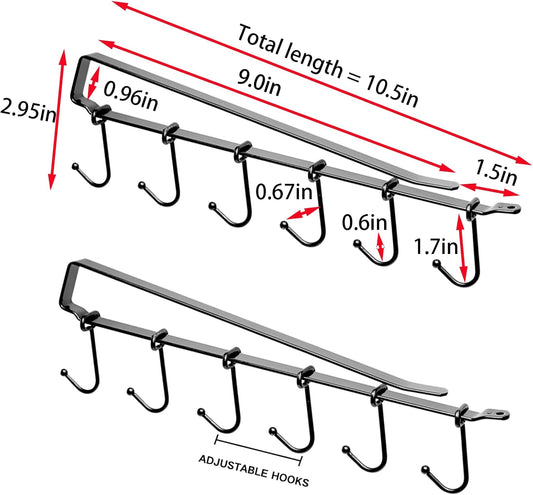 Mug Rack Under Cabinet - Coffee Cup Holder, Each Bracket is Equipped with 6 and Adjustable Position of The Hook, Display Hanging Cups Drying Hook for Bar Kitchen Utensils Black 2 Sets