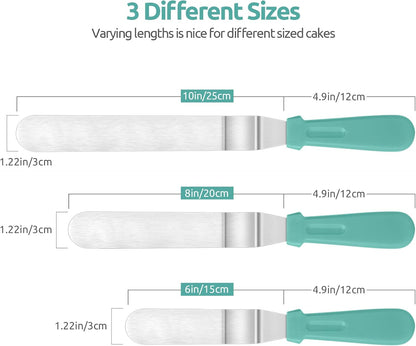 Icing Spatula, U-Taste Offset Spatula Set with 6", 8", 10" Blade, 18/0 Stainless Steel with PP Plastic Handle Angled Cake Decorating Frosting Spatula Set of 3 (Teal/Aqua Sky)