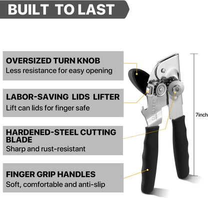 Can Opener Manual Heavy Duty, UHIYEE Hand Held Can Openers for Seniors with Comfort Grip Sharp Blade, Solid Steel Hand Manual Can Open with Magnet for Kitchen Camping, Black