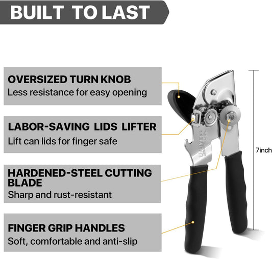 Can Opener Manual Heavy Duty, UHIYEE Hand Held Can Openers for Seniors with Comfort Grip Sharp Blade, Solid Steel Hand Manual Can Open with Magnet for Kitchen Camping, Black