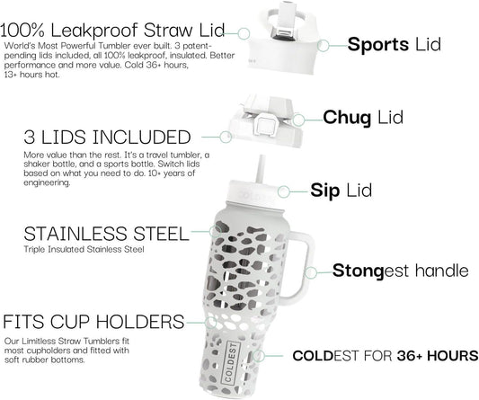 Coldest 40 oz Tumbler with Handle and Straw, 100% Leak Proof Insulated Tumbler with Lid and Straw (3 Lids), Stainless Steel Tumblers for Women & Men, Cup Holder Friendly, 46 oz (Silver Leopard)