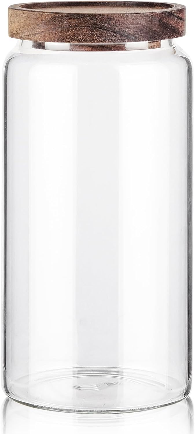 Labina Glass Storage Container Airtight Food Jars Kitchen Canister with Wood Lids, 40 Oz Wide Mouth Pantry Organization Glass Jar for Flour, Sugar, Cookie, Spagetti, Nuts and Candy