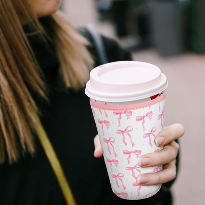 8 Pcs Reusable Sleeves for Iced Coffee Cup Pink Bow Cup Coolie Coquette Bow Reusable Coffee Insulator Sleeves Neoprene Insulated Holder for Iced & Hot Drinks, 22-24 oz