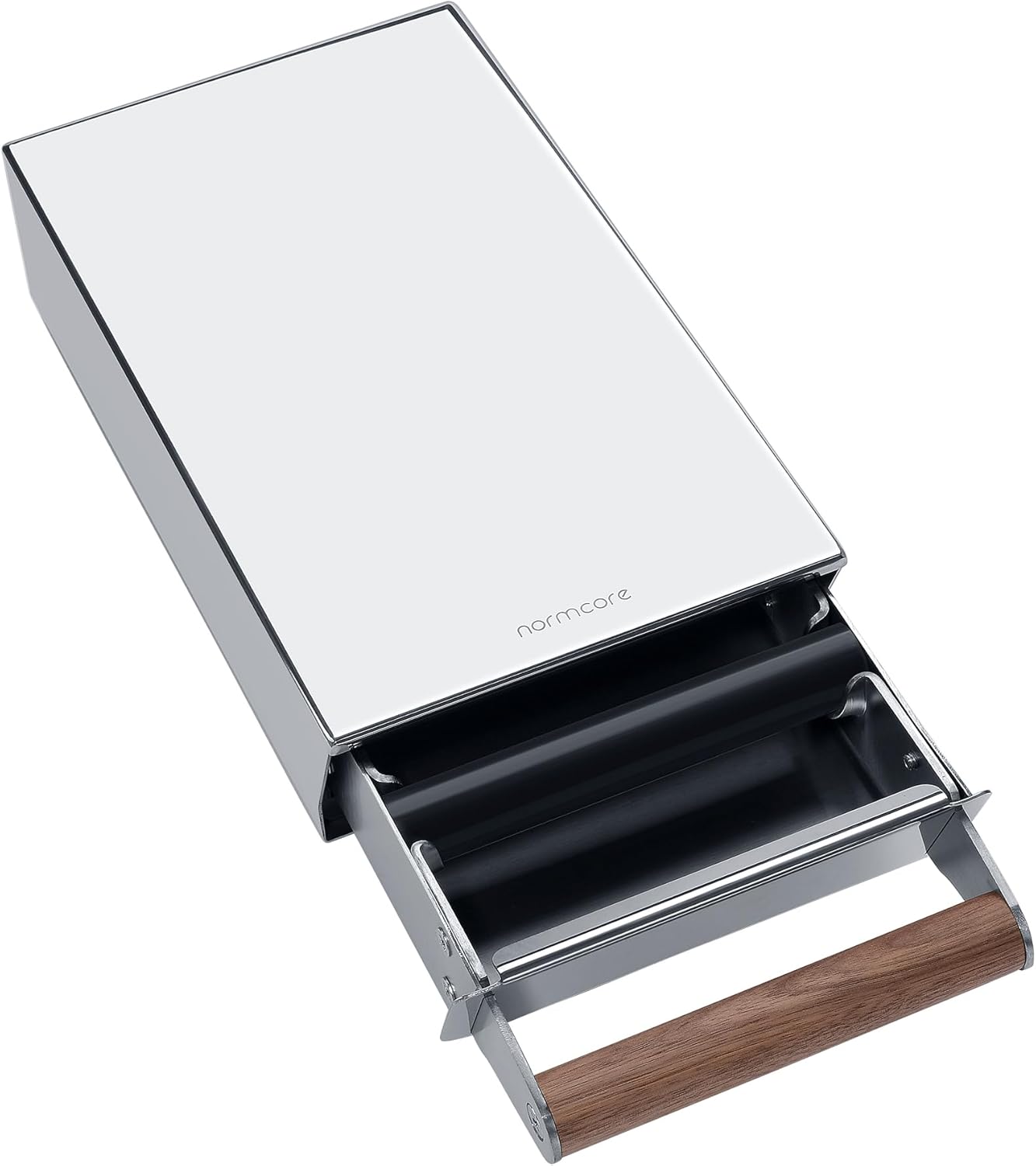 Normcore Espresso Knocker Drawer, Coffee Knock Box with Shock Absorbing Removable Knock Bar and Non-Slip Base, Mirror Finish, 304 Stainless Steel With Walnut Wood Hand, Size: S