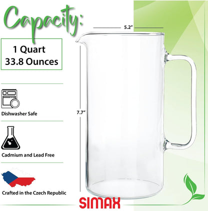 Simax Glass Pitcher, 32 Ounce (1 Quart) Borosilicate Glass, Hot and Cold Safe Iced Tea Pitchers for Drinks, Made in Europe Glass Water Pitcher, Cocktail Jug, Lemonade, Sangria