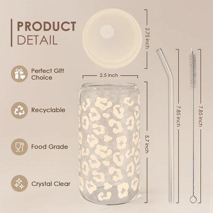 SANDJEST Leopard Glass Can, Beige Leopard Print Cup with Lid & Straw, Iced Coffee Aesthetic Cups, Gift for Christmas Birthday Mother Day, Gifts for Women, 16oz