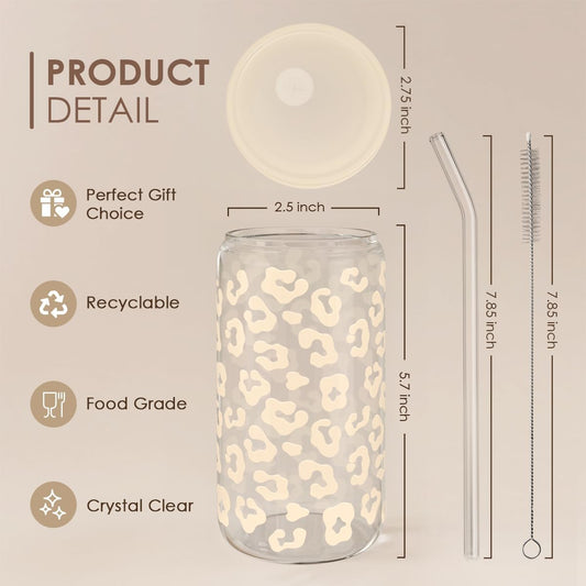 SANDJEST Leopard Glass Can, Beige Leopard Print Cup with Lid & Straw, Iced Coffee Aesthetic Cups, Gift for Christmas Birthday Mother Day, Gifts for Women, 16oz