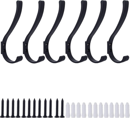 6 Pack Hanging Coat Hooks Wall Mount, Coat Hanger Wall Hangers, Metal Hooks for Hanging Heavy Duty, Screw in Hooks for Hanging Towels, Clothes, Backpack, Hat, Bag, Jacket, Key, Robe, Backpack Black