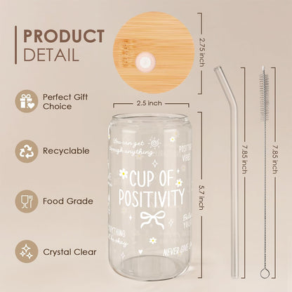 SANDJEST Inspiration Glass Can, Positive Motivational Cup with Lid & Straw, Iced Coffee Aesthetic Cups, Gift for Christmas Birthday Mother Day, Gifts for Women, 16oz
