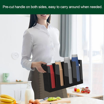 Disposable Coffee Cup Dispenser with Handles, Countertop or Wall Mount Hot/Cold Drink Cup and Lid Holder - Bathroom/Kitchen/Office Acrylic Cup Lid Storage Organizer (4 Compartments, Black)