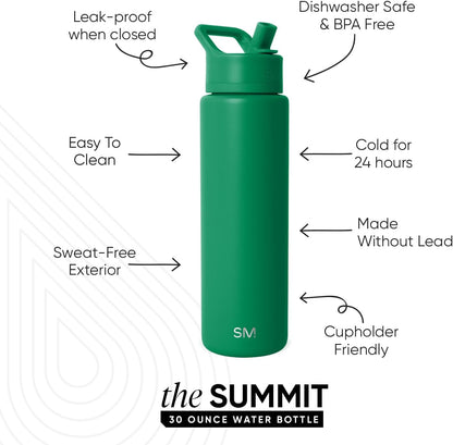 Simple Modern Water Bottle with Straw Lid | Vacuum Insulated Stainless Steel Metal Thermos | Reusable Leak Proof BPA-Free Flask for Sports Gym | Summit Collection | 30oz, Kelly Green