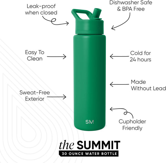 Simple Modern Water Bottle with Straw Lid | Vacuum Insulated Stainless Steel Metal Thermos | Reusable Leak Proof BPA-Free Flask for Sports Gym | Summit Collection | 30oz, Kelly Green