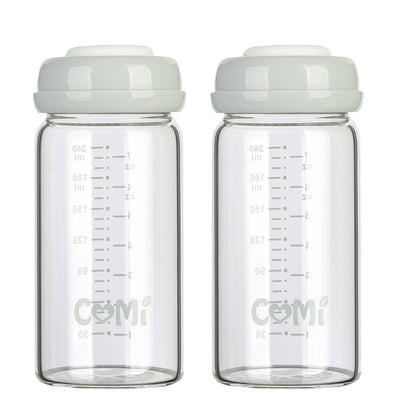 COMI Wide Neck Glass Breastmilk Collection n Storage Bottle, 8oz with Screw Ring Sealing Disk; Re-markable Sealing Disc. BPA Free, Fits Breast Pumps & Nipples (2 Gray Lids)