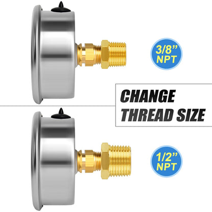 MEANLIN MEASURE 0~300Psi Stainless Steel 1/4" NPT 2.5" FACE DIAL Liquid Filled Pressure Gauge WOG Water Oil Air Center Back Mount, with 1/4" x 1/2" NPT and 1/4" x 3/8" NPT Hex Bushing