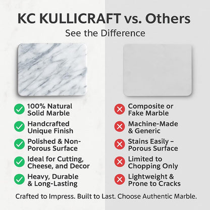 KC KULLICRAFT 8×12 White Marble Cheese & Charcuterie Serving Board – Natural Marble Cutting Board & Pastry Slab with Non‑Slip Feet – Premium Stone Kitchen Tray Gift.