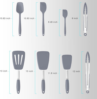 Silicone Spatulas Set Turners Tongs Cooking Utensils Set High Heat Resistant Kitchen Scraper Spatulas for Cooking Mixing Baking BPA Free Dishwasher Safe, Grey