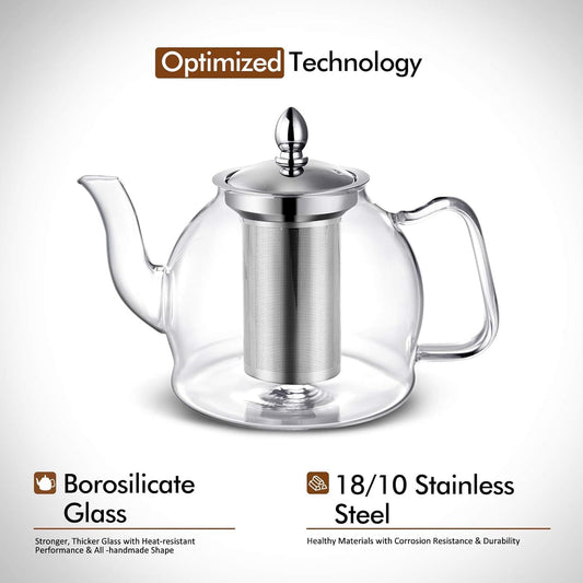 HIWARE 1500ml Glass Teapot with Removable Infuser, Stovetop Safe Tea Kettle, Blooming and Loose Leaf Tea Maker Set