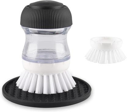 Soap Dispensing Palm Brush, Dish Brush Set with Silicone Drip Tray and One Refill, Kitchen Dish Scrub Brush for Cleaning Pots, Pans, Sinks
