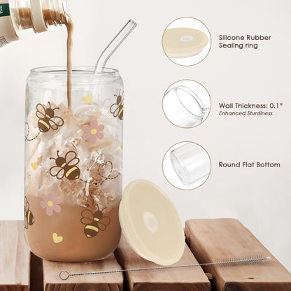 Bee 16oz Can Glass Tumbler with Acrylic Lid & Straw - Iced Coffee Cup for Women Girls, Aesthetic Cups Gifts for Birthday Christmas