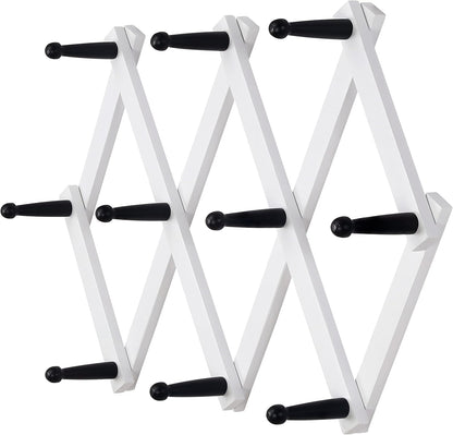 Dseap Accordian Wall Hanger: 16” High Wooden Wall Expandable Coat Rack, Hat Rack Holder, Accordion Hook for Baseball Caps, Coats, Mugs, 10 Peg Hooks, White & Black