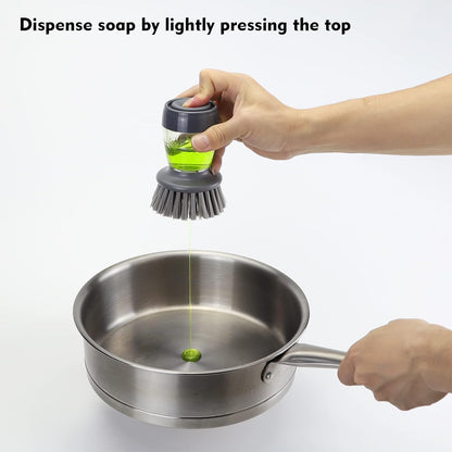 Dish Brush with Soap Dispenser, Kitchen Scrub Brush for Dishes Pots Pans Sink Cleaning, Dish Scrubber with Holder Set (Grey Handle & Nylon Bristles)