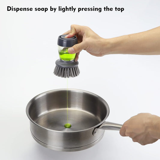 Dish Brush with Soap Dispenser, Kitchen Scrub Brush for Dishes Pots Pans Sink Cleaning, Dish Scrubber with Holder Set (Grey Handle & Nylon Bristles)