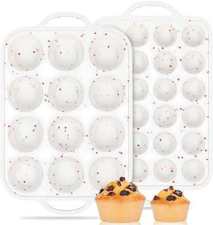 CAKETIME Silicone Muffin Pans for Baking, Metal Reinforced Frame Regular 24 Cups & Mini 12 Cups Cupcake Pan Nonstick Muffin Pan for Homemade Baking Easy to Handle